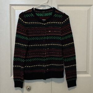 Talbots Navy Blue Cardigan with Red, Green, Blue Stripes and clear sequins